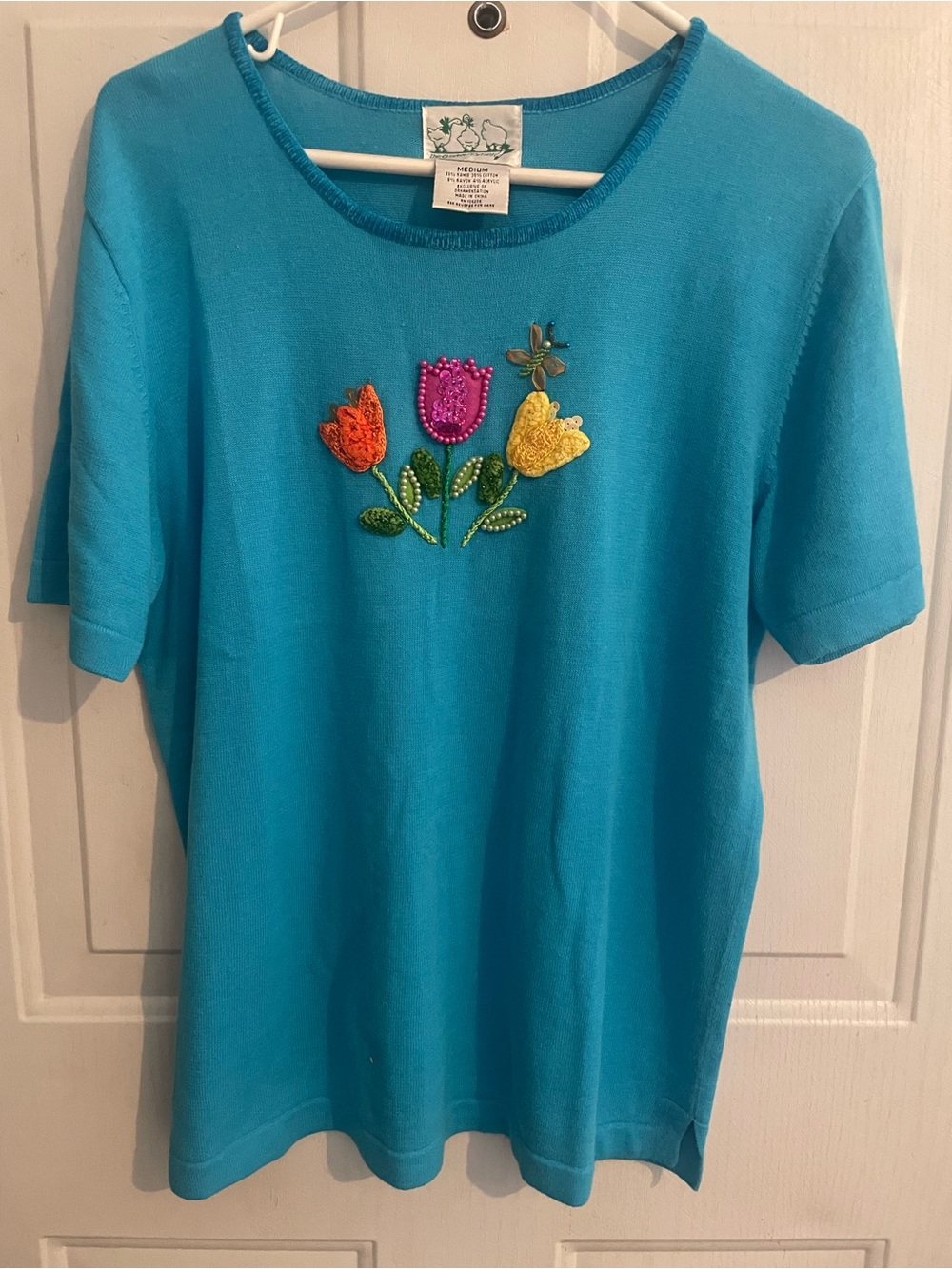 Quacker Factory Turquoise Short Sleeve Sweater with Colorful Floral Embroidery
